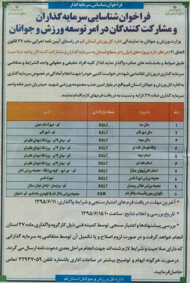 فراخوان شناسایی سرمایه گذاران و مشارکت کنندگان در امر توسعه ورزش و جوانان 