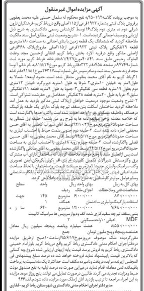 مزایده,مزایده ششدانگ زمین صد و هشتاد متر 