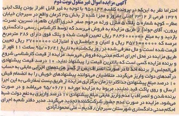 مزایده,مزایده پلاک ثبتی بخش 35 کرمان نوبت دوم