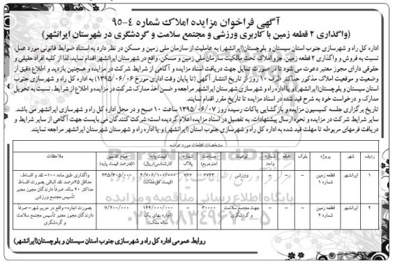 مزایده,مزایده واگذاری دو قطعه زمین