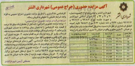 مزایده,مزایده فروش تعداد هشت باب مغازه حراج حضوری عمومی