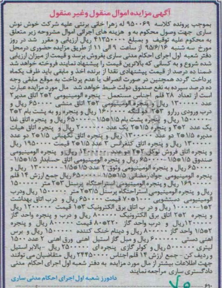 آگهی مزایده اموال منقول و غیر منقول,مزایده تعداد 28 قلم اجناس مستعمل- پنجره آلومینیومی و ...