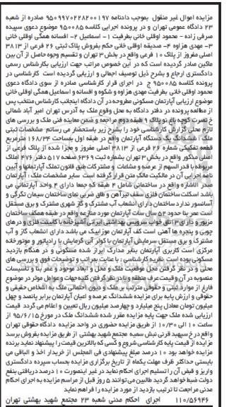 مزایده,مزایده یک واحد آپارتمان واقع در طبقه اول کلاسه 950085