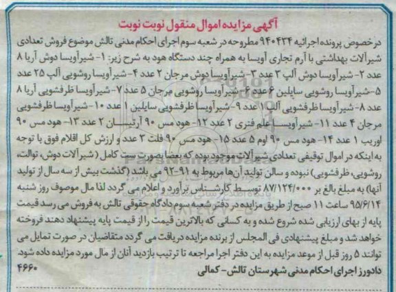 مزایده,مزایده فروش تعدادی شیرآلات بهداشتی با آرم تجاری آویسا 95.5.29