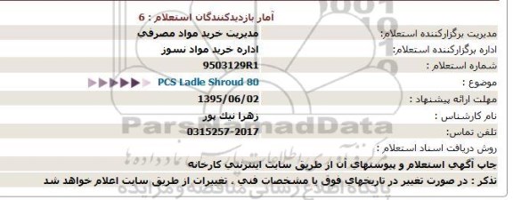 استعلام, استعلام PCS Ladle shroud 80