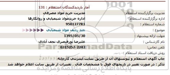 استعلام چند ردیف مواد شیمیایی 95.5.28