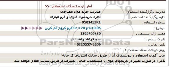 استعلام , استعلام C<0.05 و Cr >70 فرو کروم کم کربن  