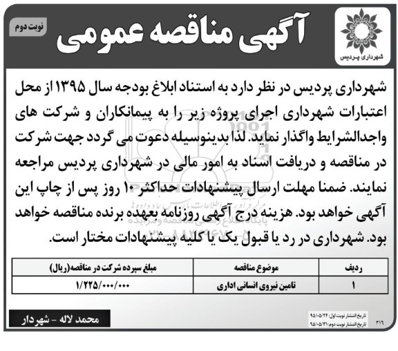 مناقصه , مناقصه تامین نیروی انسانی اداری - نوبت دوم