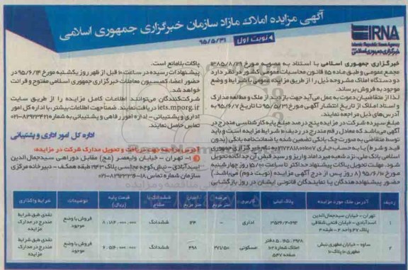مزایده,مزایده دو قطعه ملک ششدانگ کاربری مسکونی اداری