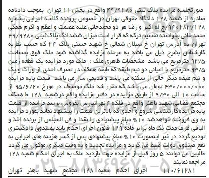 مزایده,مزایده ششدانگ پلاک ثبتی مساحت 93.5متر