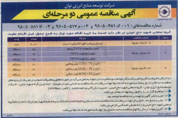 آگهی مناقصه عمومی دو مرحله ای, مناقصه کپسول پیرکس حاوی الکترولیت اسیدی