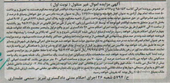 مزایده,مزایده پلاک ثبتی بخش 5 تبریز نوبت اول
