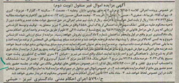 مزایده,مزایده پلاک ثبتی بخش 4 تبریز کلاسه 941501 غیرمنقول نوبت دوم 