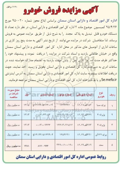 مزایده , مزایده فروش تعداد 5 دستگاه خودرو قابل تبدیل به پلاک مجدد