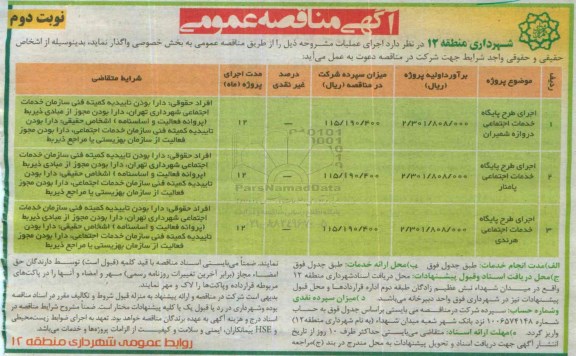 آگهی مناقصه عمومی , مناقصه اجرای طرح پایگاه خدمات اجتماعی دروازه شمیران... نوبت دوم