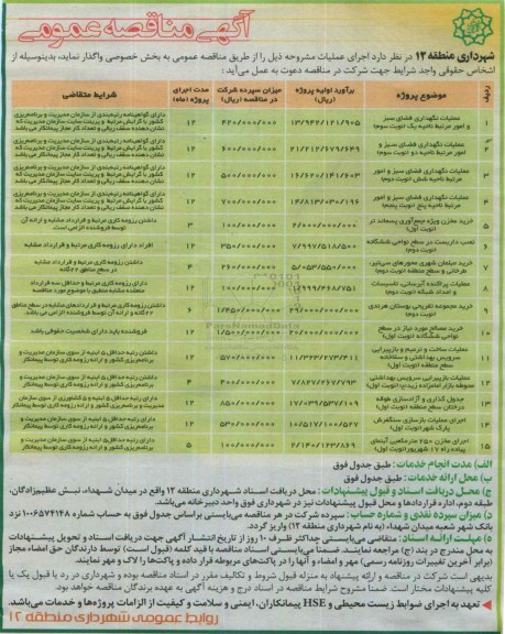 آگهی مناقصه عمومی , مناقصه عملیات نگهداری فضای سبز و امور مرتبط ناحیه یک نوبت سوم....