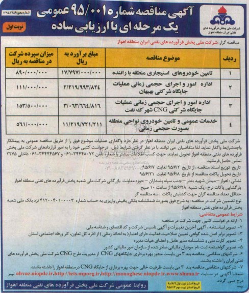 آگهی مناقصه عمومی یک مرحله ای با ارزیابی ساده,مناقصه   تامین خودروهای استیجاری منطقه با راننده