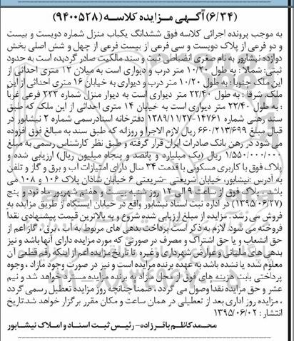 مزایده,مزایده ششدانگ یکباب منزل بخش 12 نیشابور