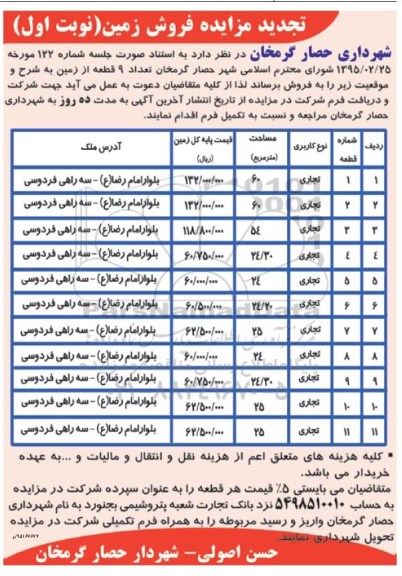 مزایده,مزایده فروش تعداد نه قطعه زمین