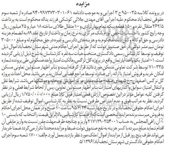 مزایده,مزایده امتیاز یک واحد اپارتمان کلاسه 950035 ح سه اجرایی 