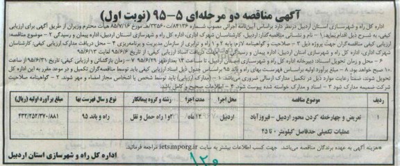 آگهی مناقصه, مناقصه تعریض و چهارخطه کردن محور اردبیل- فیروز آباد