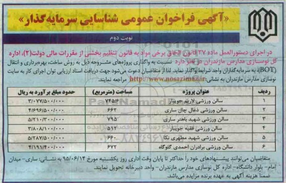 فراخوان , فراخوان واگذاری روش ساخت ، بهره برداری و انتقال BOT ، سرمایه گذاران  نوبت دوم