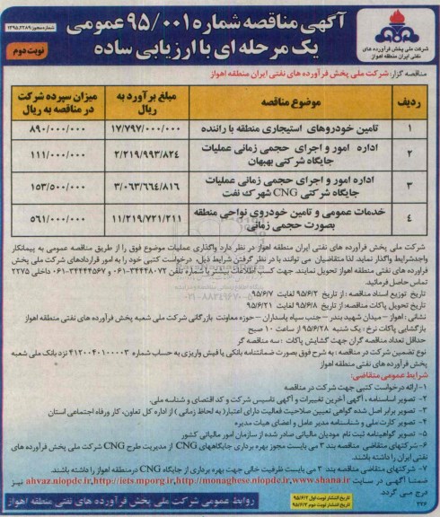 آگهی مناقصه عمومی یک مرحله ای با ارزیابی ساده,مناقصه   تامین خودروهای استیجاری منطقه با راننده- نوبت دوم 