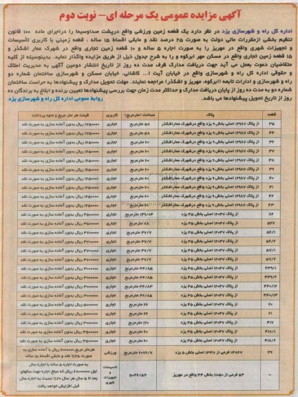 آگهی مزایده عمومی,مزایده واگذاری  یک قطعه زمین ورزشی و ...- نوبت دوم 