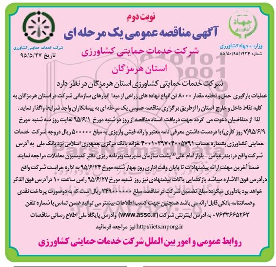 آگهی مناقصه عمومی یک مرحله ای , مناقصه عملیات بارگیری ، حمل و تخلیه مقدار 8000 تن انواع نهاده های زراعی - نوبت دوم