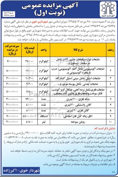 آگهی مزایده عمومی,مزایده اجناس غیر قابل مصرف