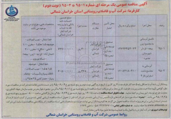آگهی مناقصه عمومی یک مرحله ای , مناقصه تکمیل آبرسانی به مجتمع... نوبت دوم