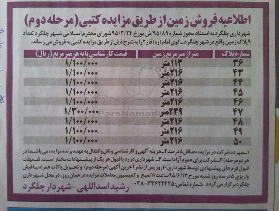 مزایده,مزایده تعداد نه پلاک زمین نوبت دوم 