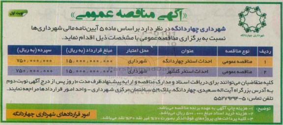 مناقصه , مناقصه احداث استخر چهاردانگه