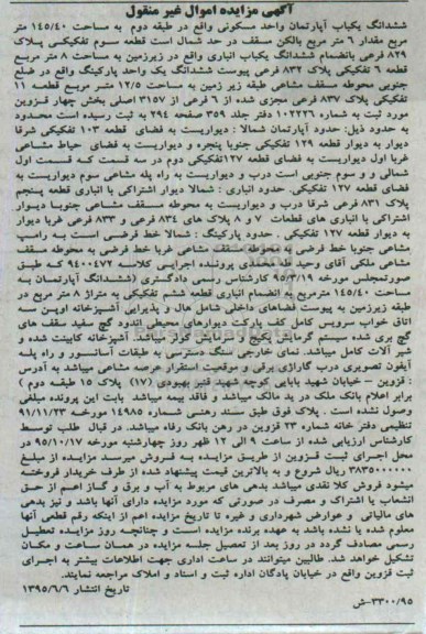 مزایده,مزایده ششدانگ اپارتمان واحد مسکونی طبقه دوم 