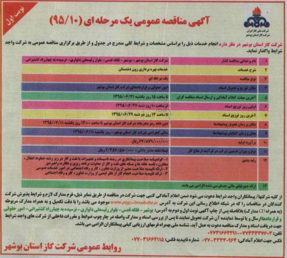 آگهی مناقصه عمومی, مناقصه خدمات بهره برداری زون دشتستان
