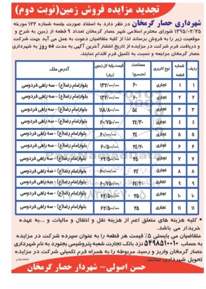 مزایده,مزایده فروش تعداد نه قطعه زمین نوبت دوم