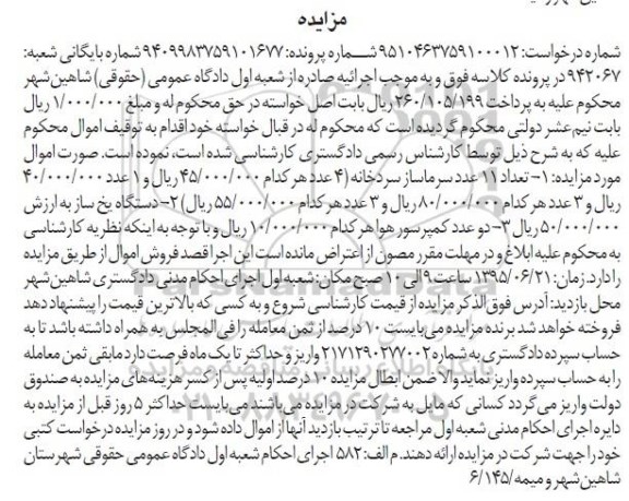 مزایده تعداد 11 عدد سرماساز سردخانه ...
