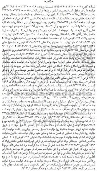 مزایده,مزایده ششدانگ یکباب خانه به شماره پلاک ثبتی 1621 کلاسه 139404002142000018 