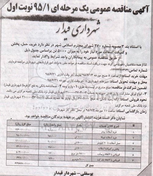 آگهی مناقصه عمومی یک مرحله ای , مناقصه خرید ، حمل ، پخش و کمپکت آسفالت