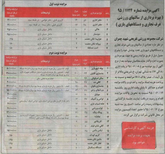 آگهی مزایده , مزایده بهره برداری از سالنهای ورزشی غرف تجاری و دستگاههای بازی- 95.06.07