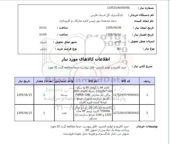استعلام , استعلام خرید کارتریج و لوازم تحریر و کاغذ A4