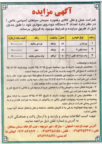 مزایده تعداد 3 دستگاه خودروی سواری