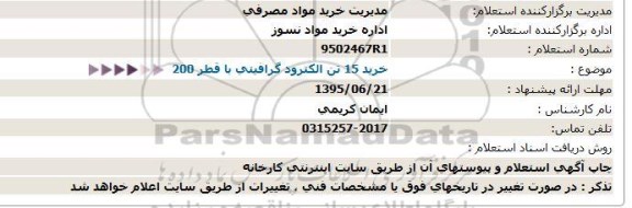 استعلام ، استعلام خرید 15 تن الكترود گرافیتی با قطر 200 