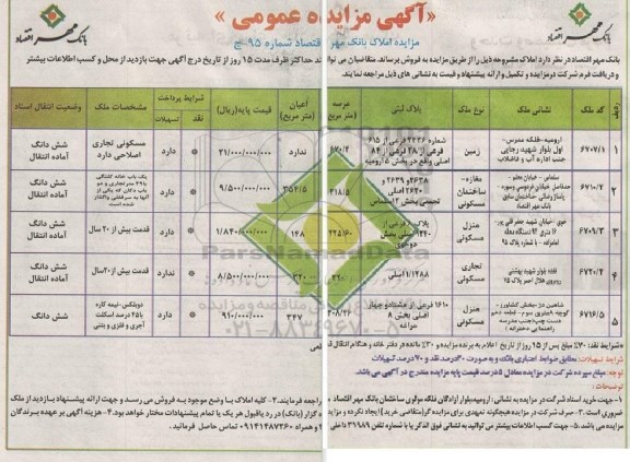 مزایده,مزایده املاک بانک مهر اقتصاد شماره 95-ج