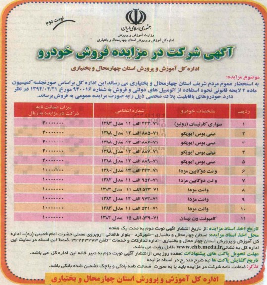 مزایده, مزایده فروش خودرو نوبت دوم