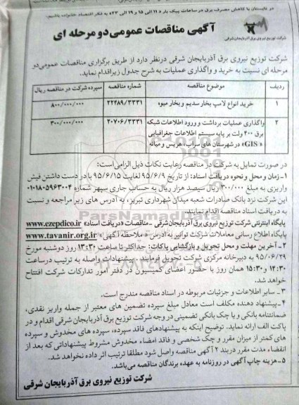 آگهی مناقصات عمومی , مناقصات خرید انواع لامپ بخار سدیم و بخار جیوه 