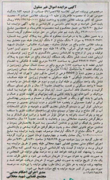 مزایده,مزایده 4 دانگ مشاع از ششدانگ اپارتمان طبقه دوم