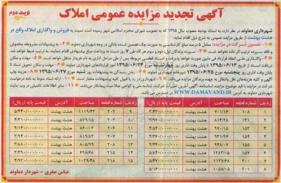 مزایده,مزایده فروش و واگذاری املاک واقع در هشت بهشت نوبت دوم 