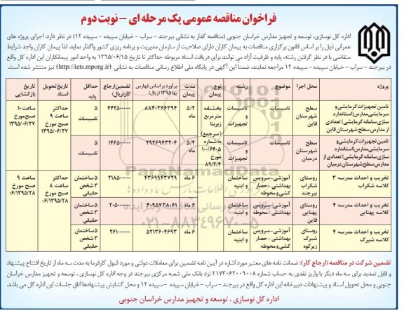 فراخوان مناقصه عمومی, مناقصه تامین تجهیزات گرمایشی و سرمایشی مدارس- نوبت دوم