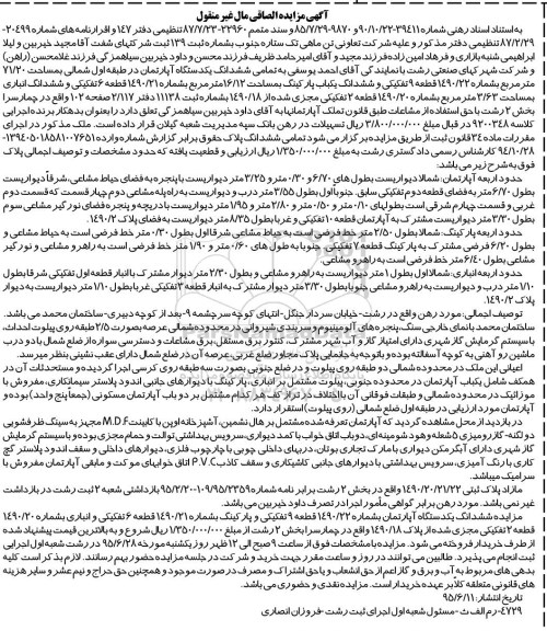 مزایده,مزایده تمامی ششدانگ اپارتمان طبقه اول شمالی